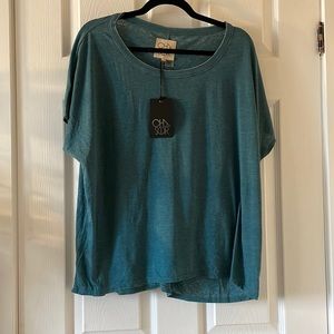 Chaser heather teal dolman sleeve t shirt oversized raw edge collar